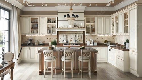 Interior design of elegant kitchen with whit white beige and brown elements photo