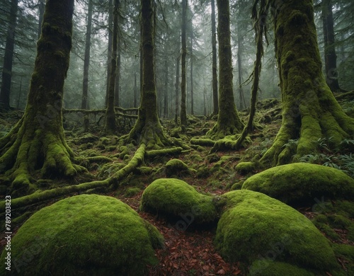 Enchanting fairy-tale forest with moss-covered trees 