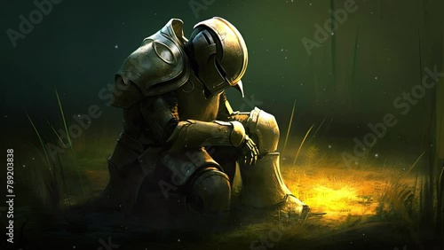 Sad and on the ground warrior. War and defeat. Epic fantasy and dramatic loop video animation. photo