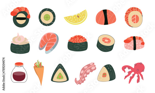 Sushi japanese food set. Icons of different types of sushi rolls with seafood from shrimp, salmon or eel, soy sauce, tentacles. Asian restaurant. Vector illustration.