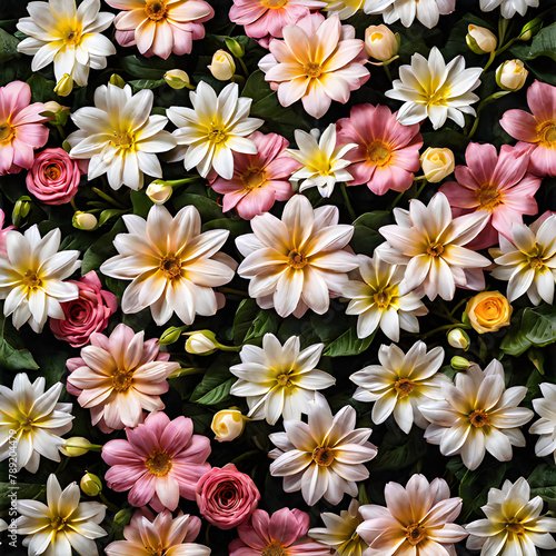 seamless pattern with flowers, many pink and white flower on the plant in the garden 