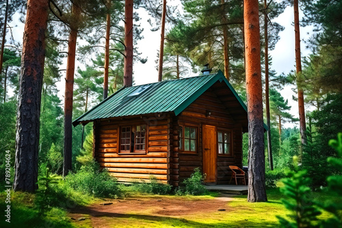  Small wooden house or cabin in a pine forest for recreation, camping in the forest, barbecue in nature © Kseniya
