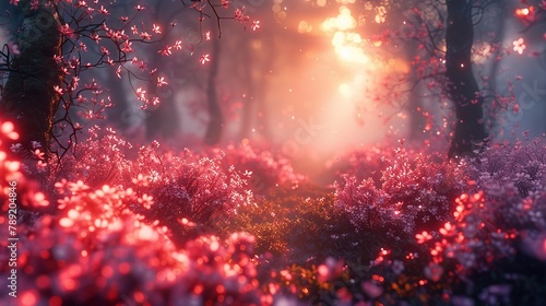 Ethereal forest with quantum foliage, neon vines, and floating luminescent flowers