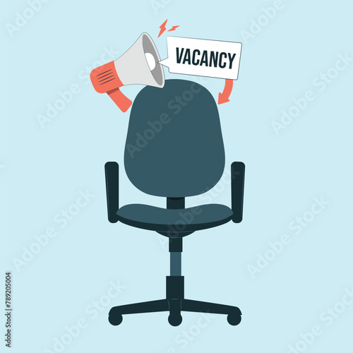 Composition with office chair and vacancy sign. Concept of hiring and recruiting in business. Sign in for job seekers. Blank space for applicants, vacancy announcement, hiring in a company.