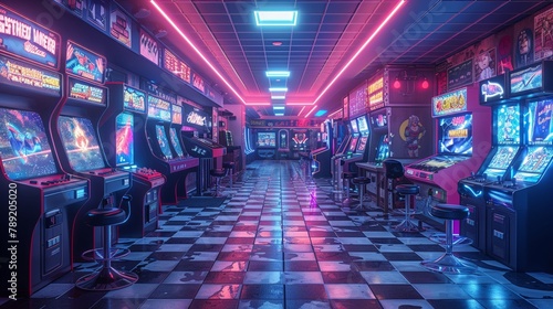 Subterranean cyberpunk arcade, neon lit, gamers in VR battles, retro futuristic vibe © AlexCaelus