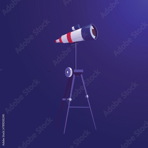 Space telescope icon. Telescope on tripod flat vector illustration. Astronomer equipment, stargazer tool. Space exploration device, stars observation instrument. Planetarium, observatory attribute. 