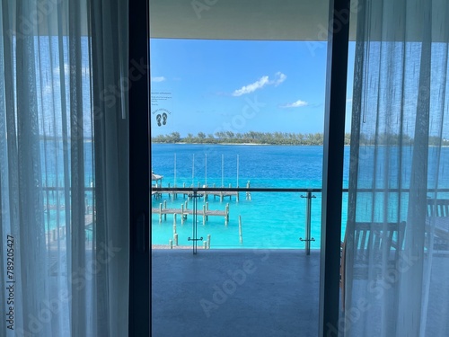 view from the window to the azure sea of the Bahamas