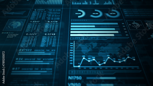 Close up of Digital Data Analysis Interface Display, Digital analytical display with graphs, data, and a world map blue background. 3d rendering