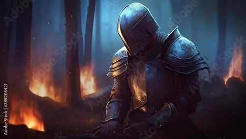 Sad and defeated warrior surrounded by fire in a forest. Epic fantasy and dramatic loop video animation. photo