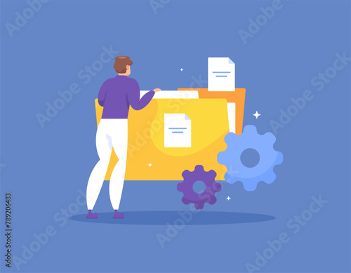 Manage and organize file locations. document management and archives administration. an employee or administrative staff looking for documents in a folder or archive. illustration concept design