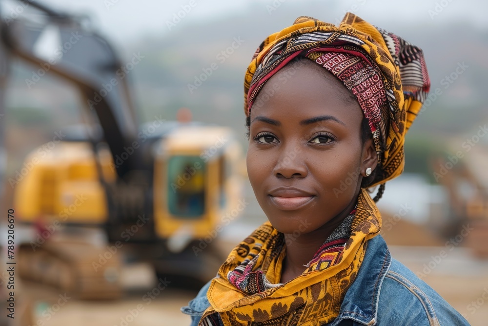 A vibrant portrait of a female engineer with a patterned headscarf at work A vibrant portrait of a female engineer with a patterned headscarf at work