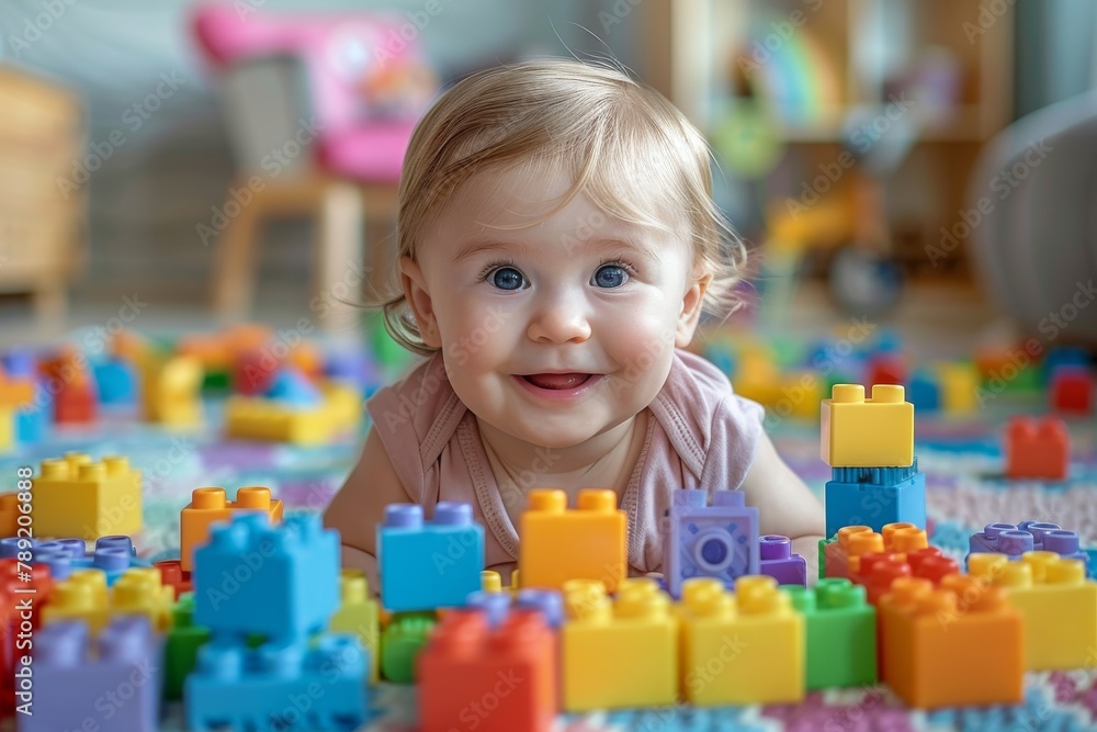 An adorable baby smiling with joy as it plays with colorful building blocks on a carpet An adorable baby smiling with joy as it plays with colorful building blocks on a carpet
