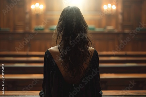 A woman sits in solitude within the solemn ambiance of a courtroom, symbolizing themes of justice, contemplation, and the law photo