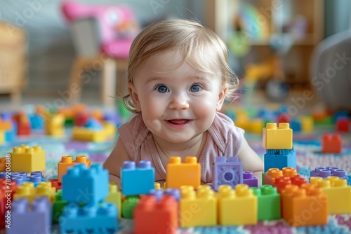 An adorable baby smiling with joy as it plays with colorful building blocks on a carpet
