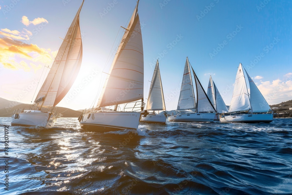 Sailboats gracefully navigating the vast ocean waters in a serene display of maritime beauty