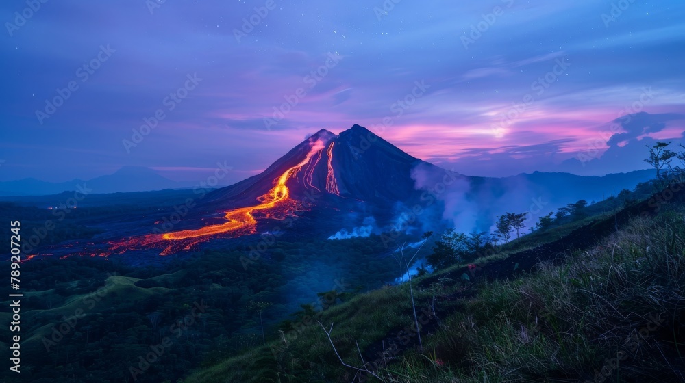 A volcano erupts, spewing lava into the sky, transforming the natural landscape