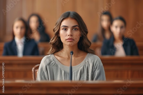 A composed woman seated in witness stand, looking attentive and slightly concerned in a courthouse setting