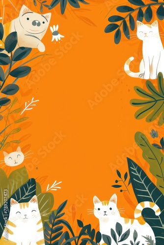 Background in orange color with cats and plants with copy space. Banner cards for diary design