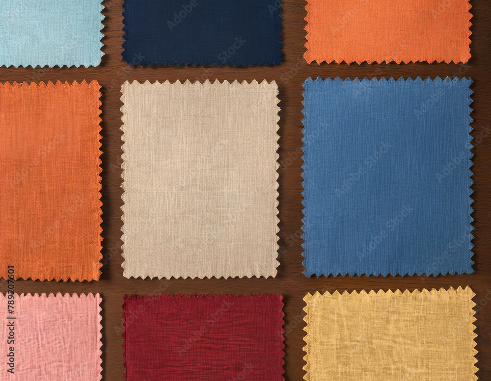 Fototapeta premium Background consisting of fabric swatches in different colors and textures. Fashion, clothing and design. Ideas and inspiration. Summer colors.
