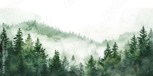 green watercolor  forest with fog on white background,   © Nice Seven