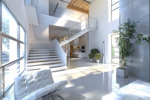 Modern interior of the hall in white color, with stairs and windows on one side. Ai generated
