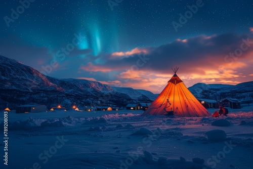 A vibrant teepee illuminated from within contrasts with the snowy landscape under a celestial display of the Northern Lights
