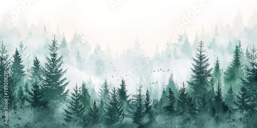 green watercolor forest with fog on white background, 