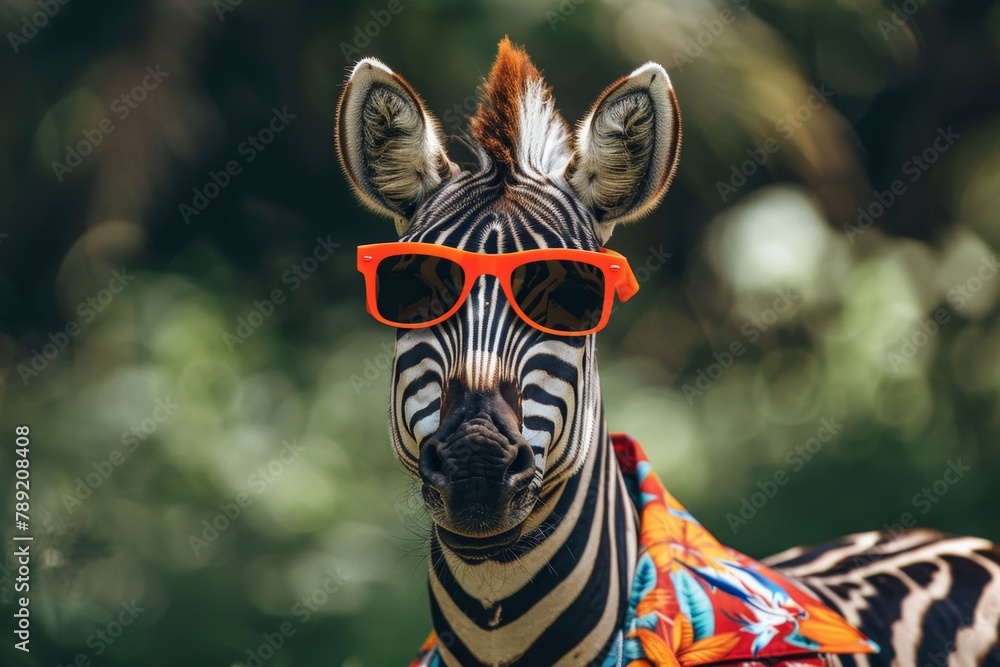Obraz premium Zebra in trendy orange sunglasses and vibrant hawaiian shirt for a fashionable look