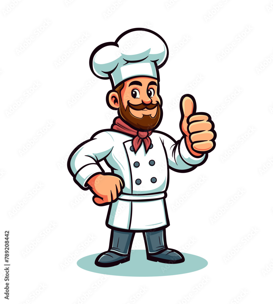Handsome chef character with cheerful smile in hat and uniform Handsome chef character with cheerful smile in hat and uniform