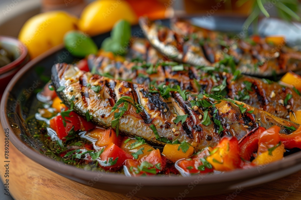 Grilled fish on a wooden platter, intricately topped with diced tomatoes and garnished with green herbs Grilled fish on a wooden platter, intricately topped with diced tomatoes and garnished with green herbs