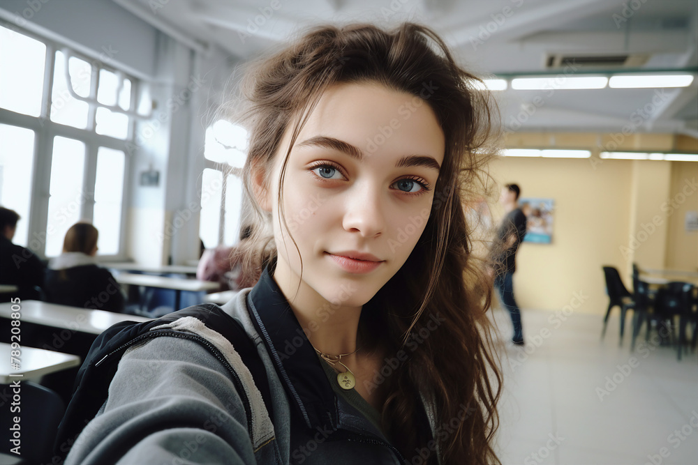 Happy school children in dinner place highschool canteen lunch break Generative AI picture Happy school children in dinner place highschool canteen lunch break Generative AI picture