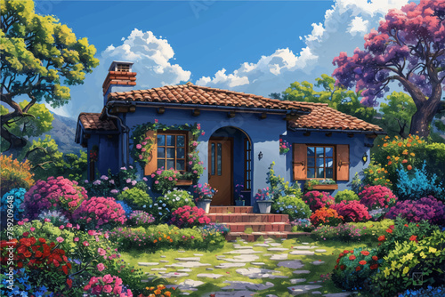 Vectorial illustration of a coloring house with a big garden
