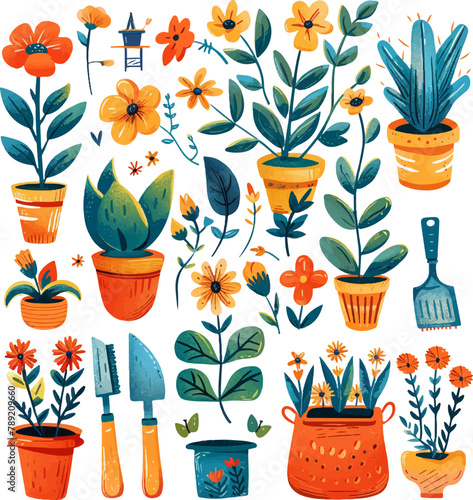 Set of retro minimal of potted houseplants vectorial