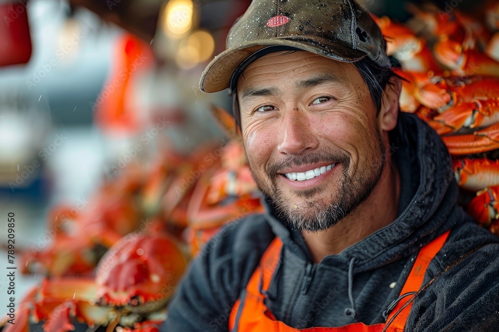 Cheerful fisherman with crabs showcasing the fruits of ocean labor and satisfaction Cheerful fisherman with crabs showcasing the fruits of ocean labor and satisfaction