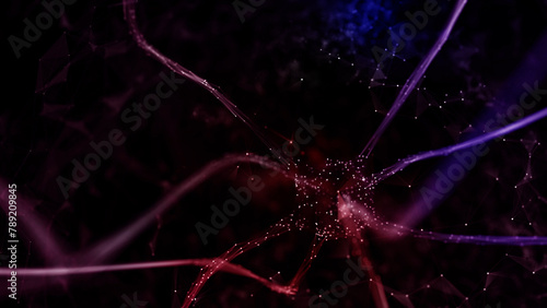 Three-dimensional neuron cell in the brain in blue red colors. Conceptual science copy space illustration background.