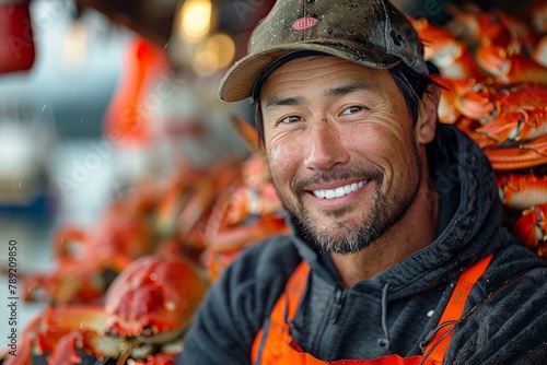 Cheerful fisherman with crabs showcasing the fruits of ocean labor and satisfaction