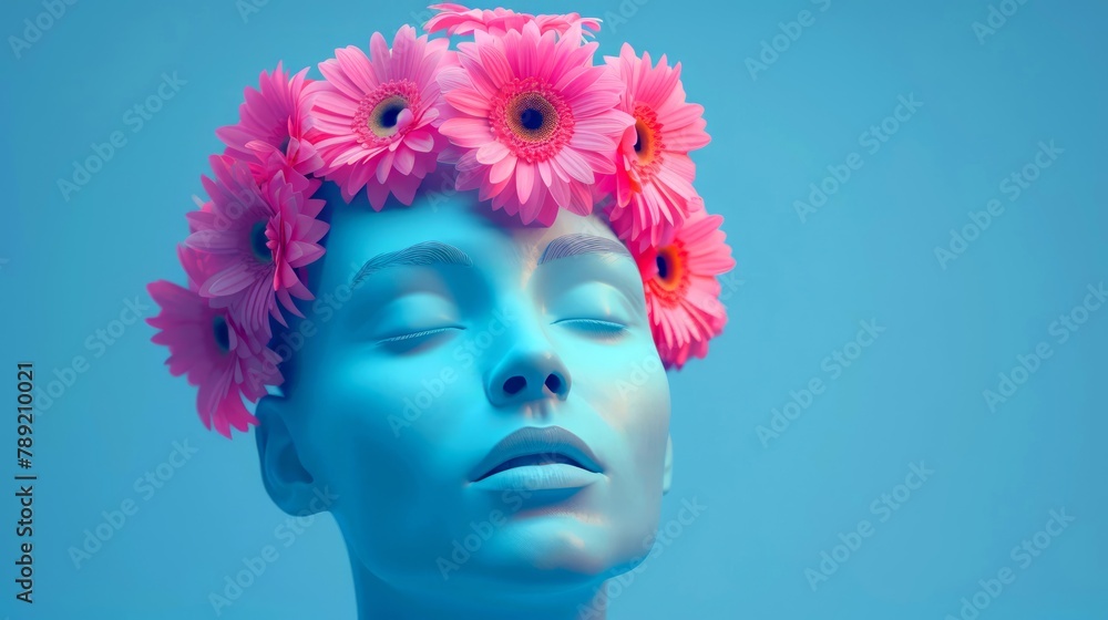 Blue Woman with Pink Flowers