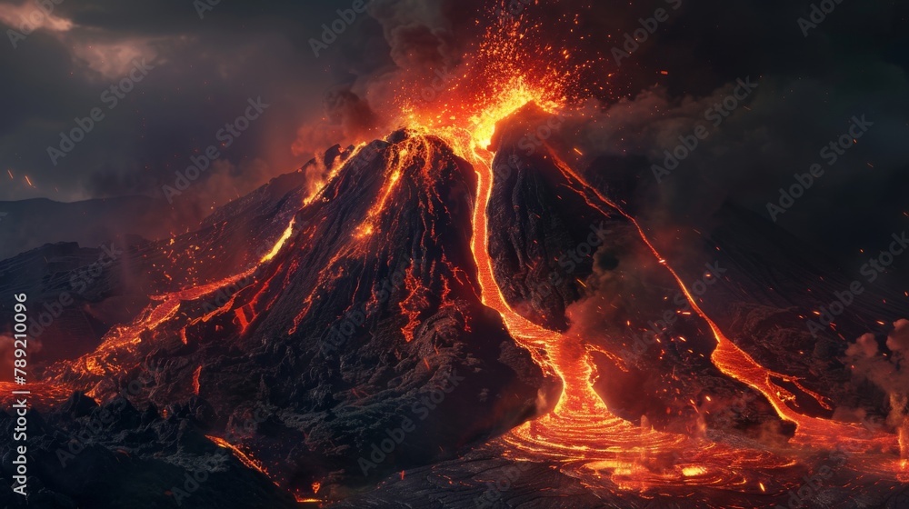Volcano erupting, spewing fiery lava into the landscape