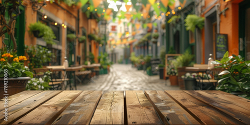 empty wooden table top with of St Patrick s Day street decorations on blurred background 