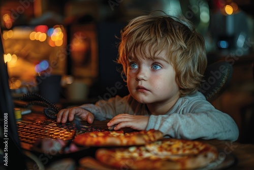 A child is captivated by computer gaming, with a slice of pizza and keyboard in front photo