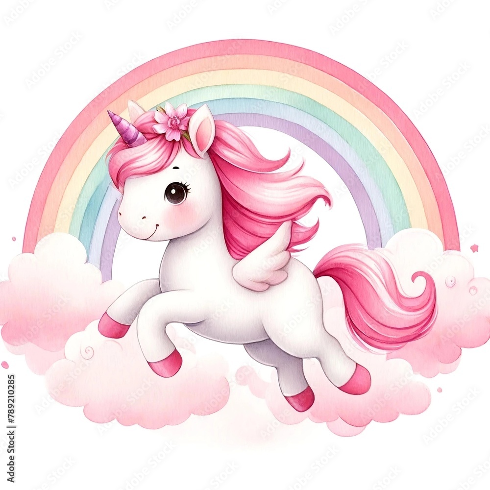 Fototapeta premium Flying Unicorn with Rainbow and Clouds Illustration 