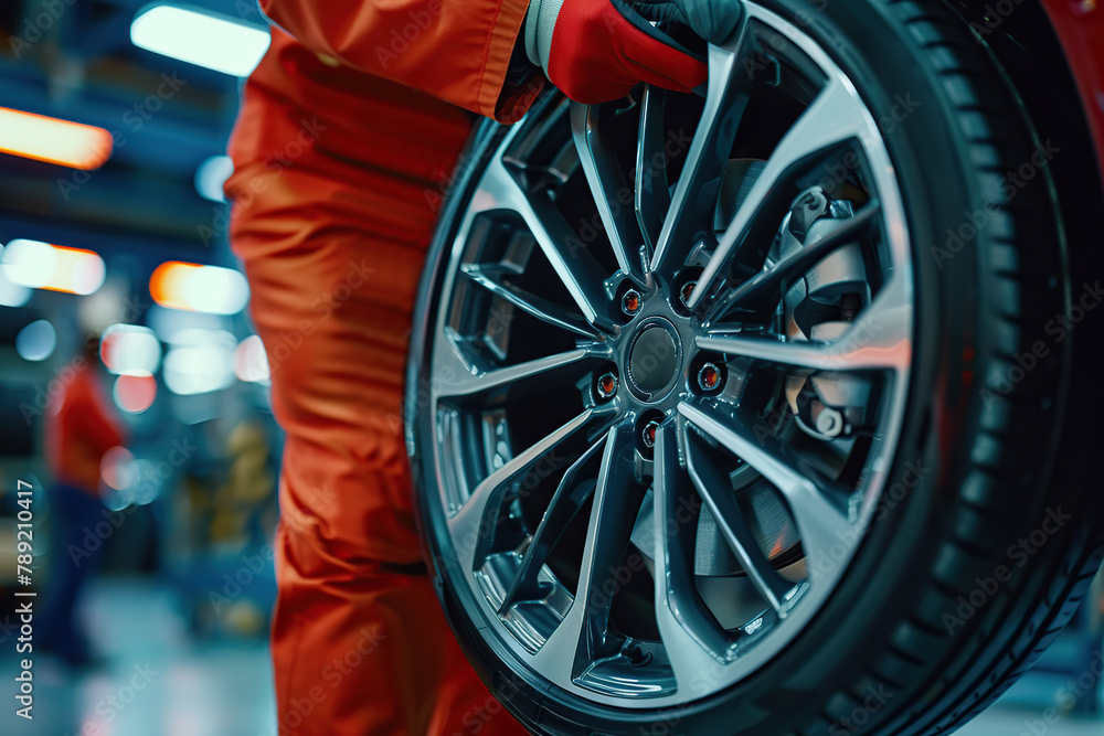 Fototapeta premium Male mechanic holding car wheel with tire in car workshop