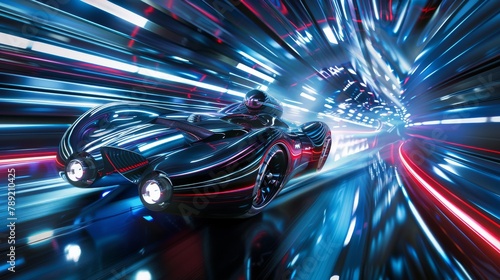 In a future where time bends to human will, a sleek car hurtles through a vortex, its form shimmering with past, present, and future. It embodies the thrill of traversing time's corridors, each curve  photo