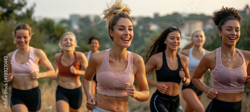 Group of joyful friends in sportswear running happily at sunset with cityscape in the background