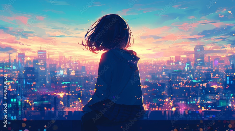 A girl with short hair, her back to the camera as she looks at the city light - obrazy, fototapety, plakaty 