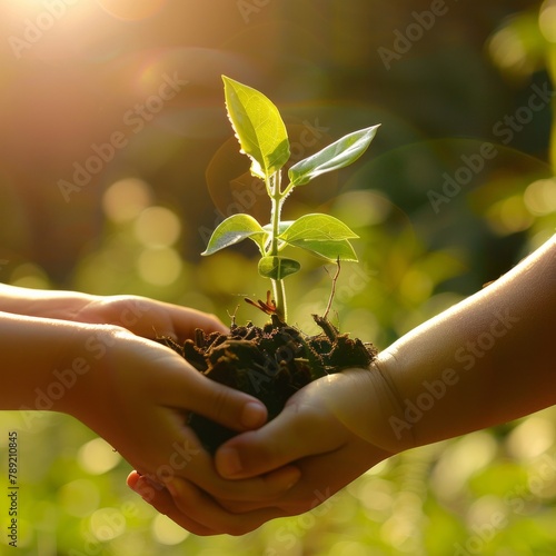 Children hands holding green plant. Ecological concept.