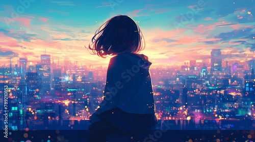 A girl with short hair, her back to the camera as she looks at the city light