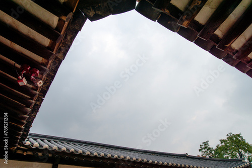 View of the wooden eaves in the traditional Korean building