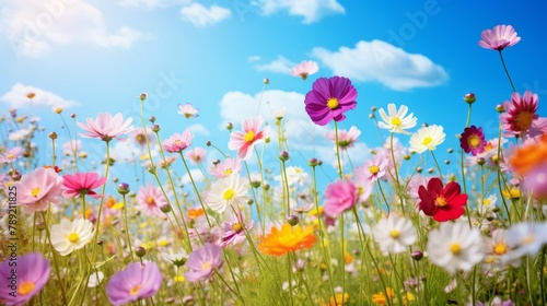 Garden wild field of beautiful blooming spring or summer flowers in a meadow  with sunlight and blue sky