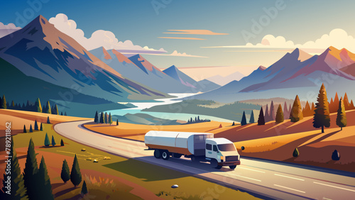 small milk tanker ride along the road to the horizon between the mountains, Ilustración, digital,ilustración,vector,colores brillantes, logística.Camión con leche en el fondo de las montañas